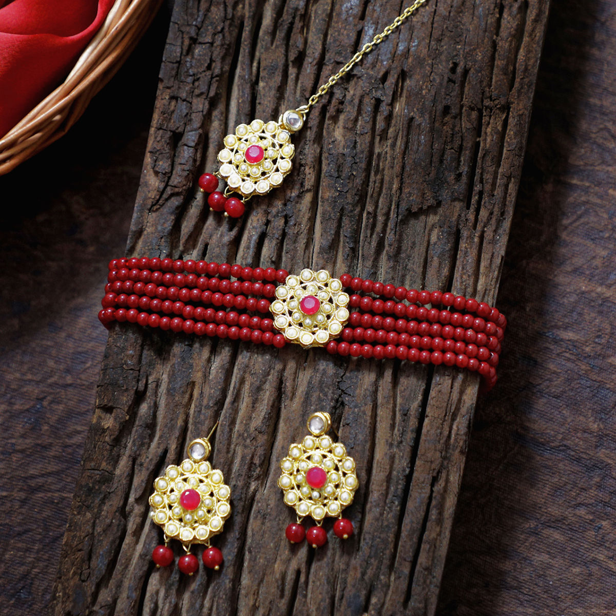 Red beaded choker necklace shop