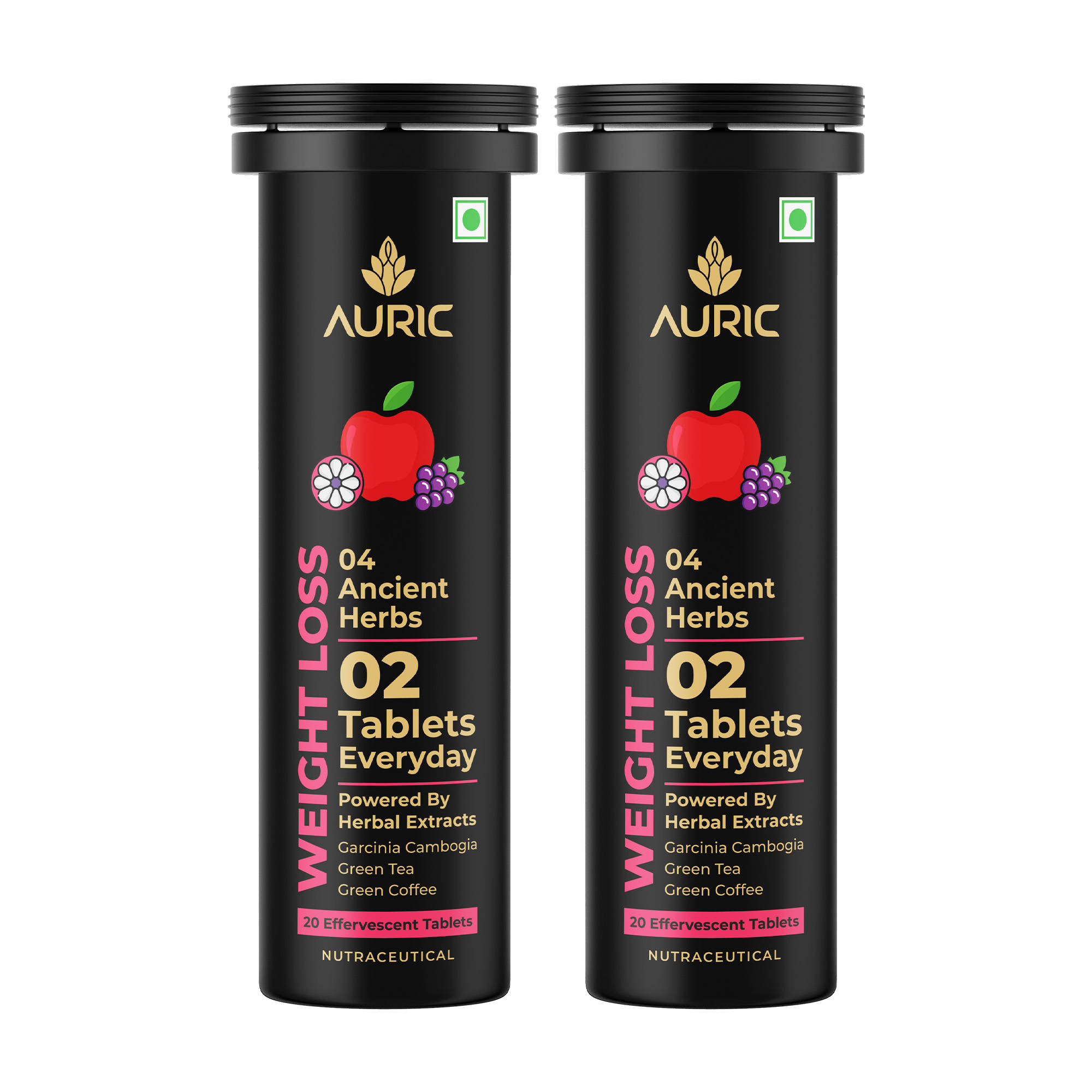 Auric Get Slim Effervescent- Power of Green Coffee, Green Tea, Grape Seed & Garcinia Cambogia, 2 Tubes