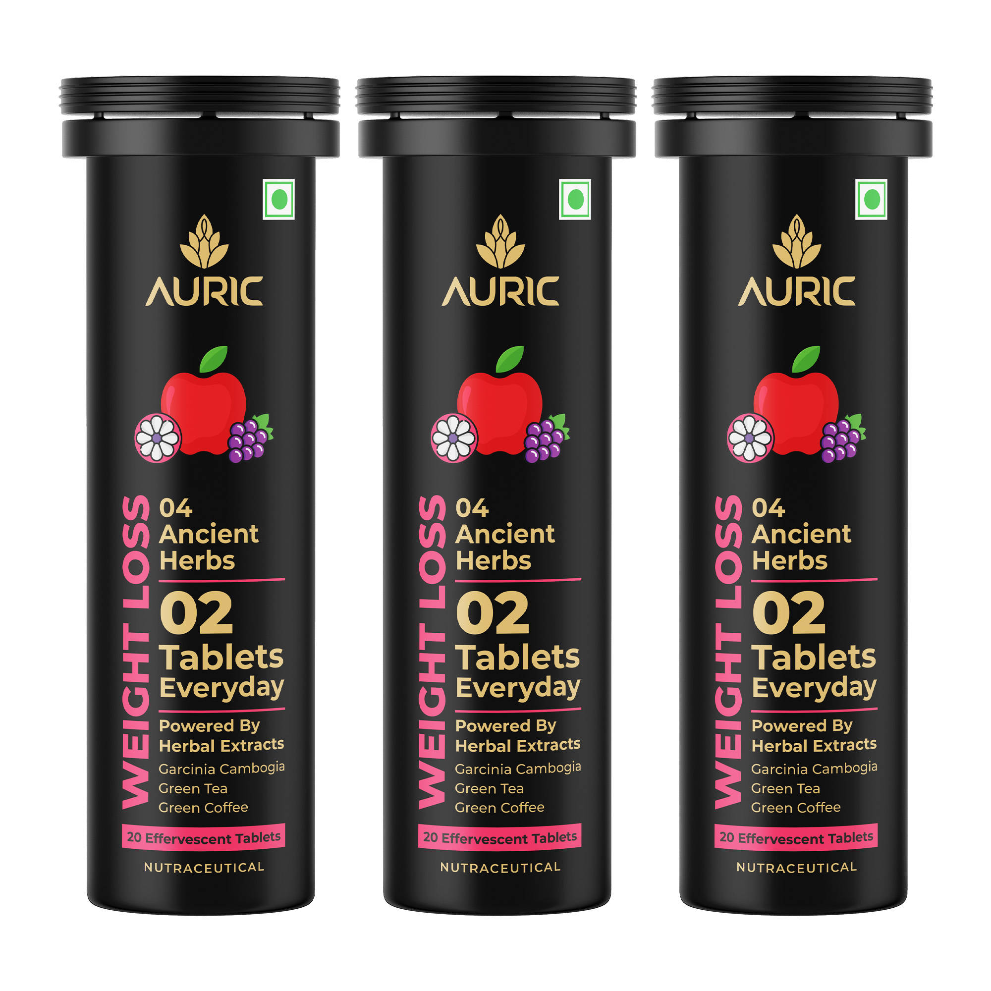 Auric Get Slim Effervescent- Power of Green Coffee, Green Tea, Grape Seed & Garcinia Cambogia, 3 Tubes