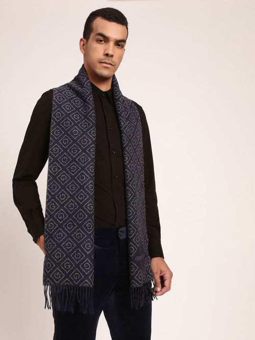 GANT Men Navy Blue Knitted Typographic Tasselled Scarf