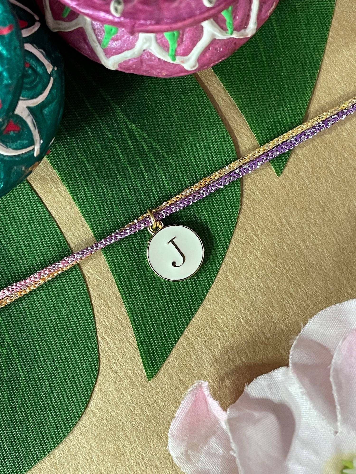 Digital Dress Room J Letter White Initial Coin Pendant Thread Rakhi