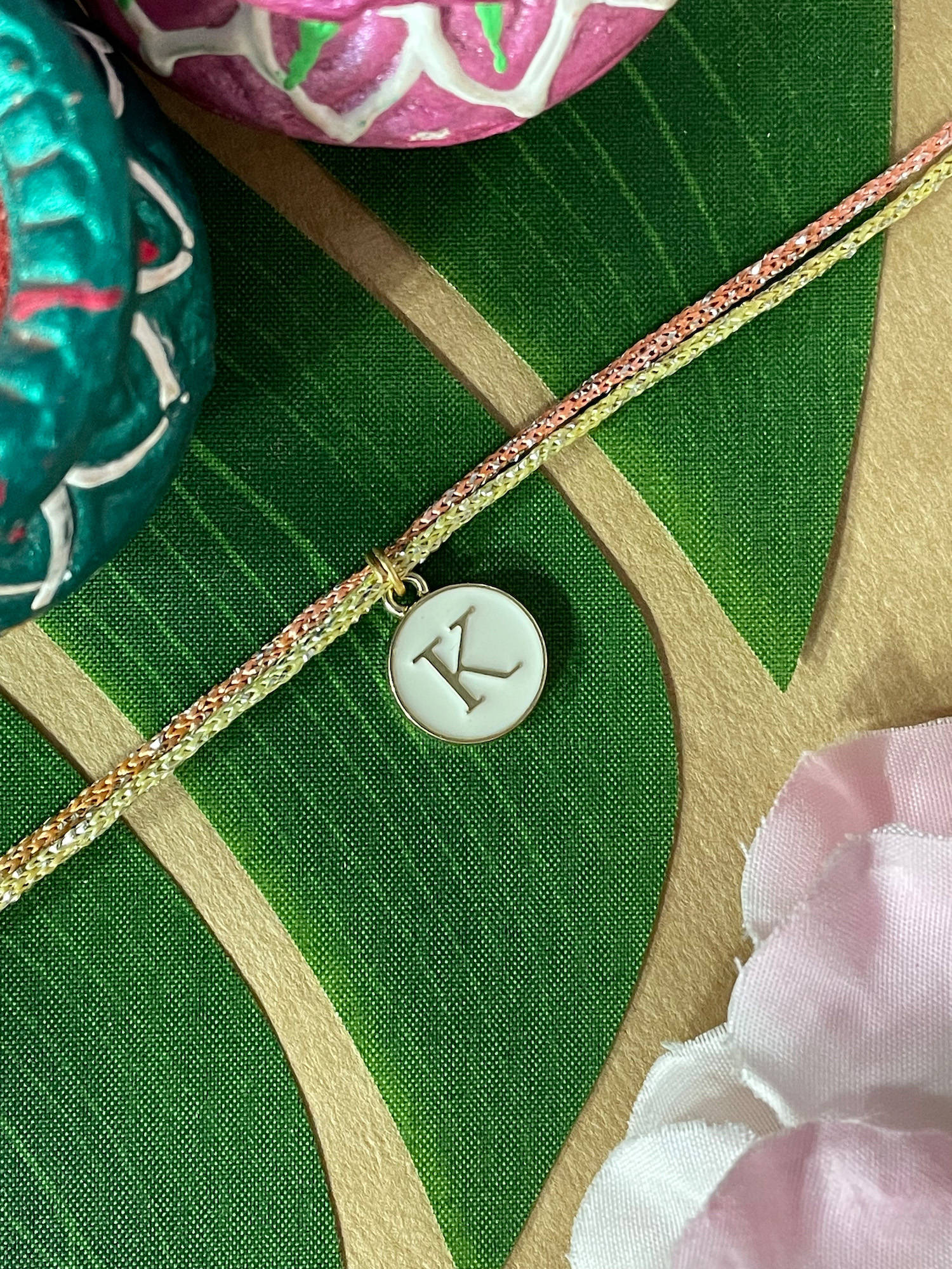 Digital Dress Room K Letter White Initial Coin Pendant Thread Rakhi