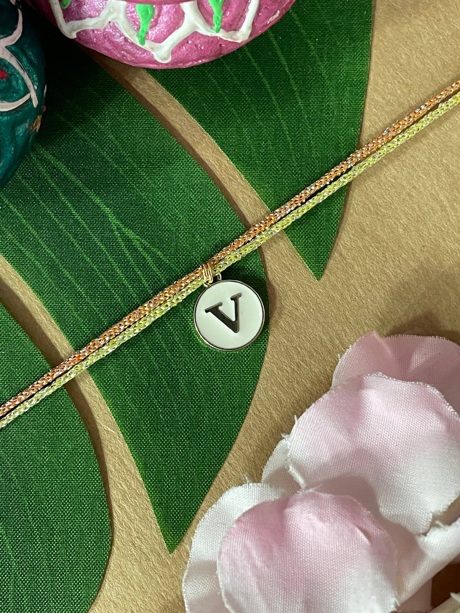 Digital Dress Room V Letter White Initial Coin Pendant Thread Rakhi