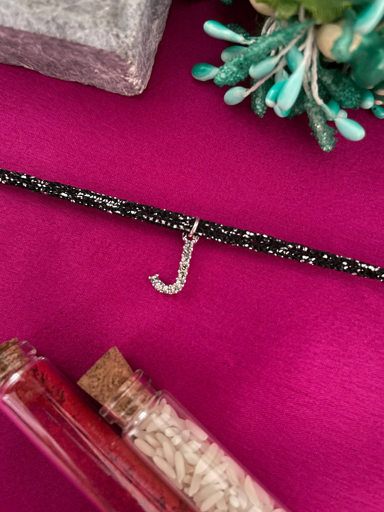 Digital Dress Room J Letter Silver Plated AD Initial Black Thread Rakhi with Roli Chawal