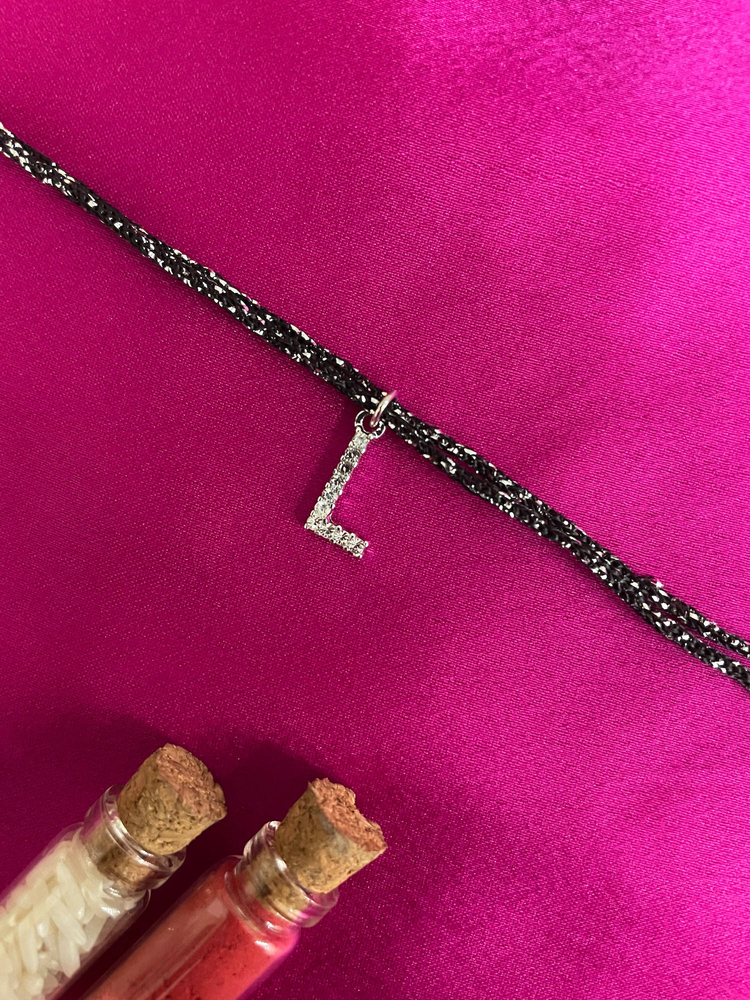 Digital Dress Room L Letter Silver Plated AD Initial Black Thread Rakhi with Roli Chawal