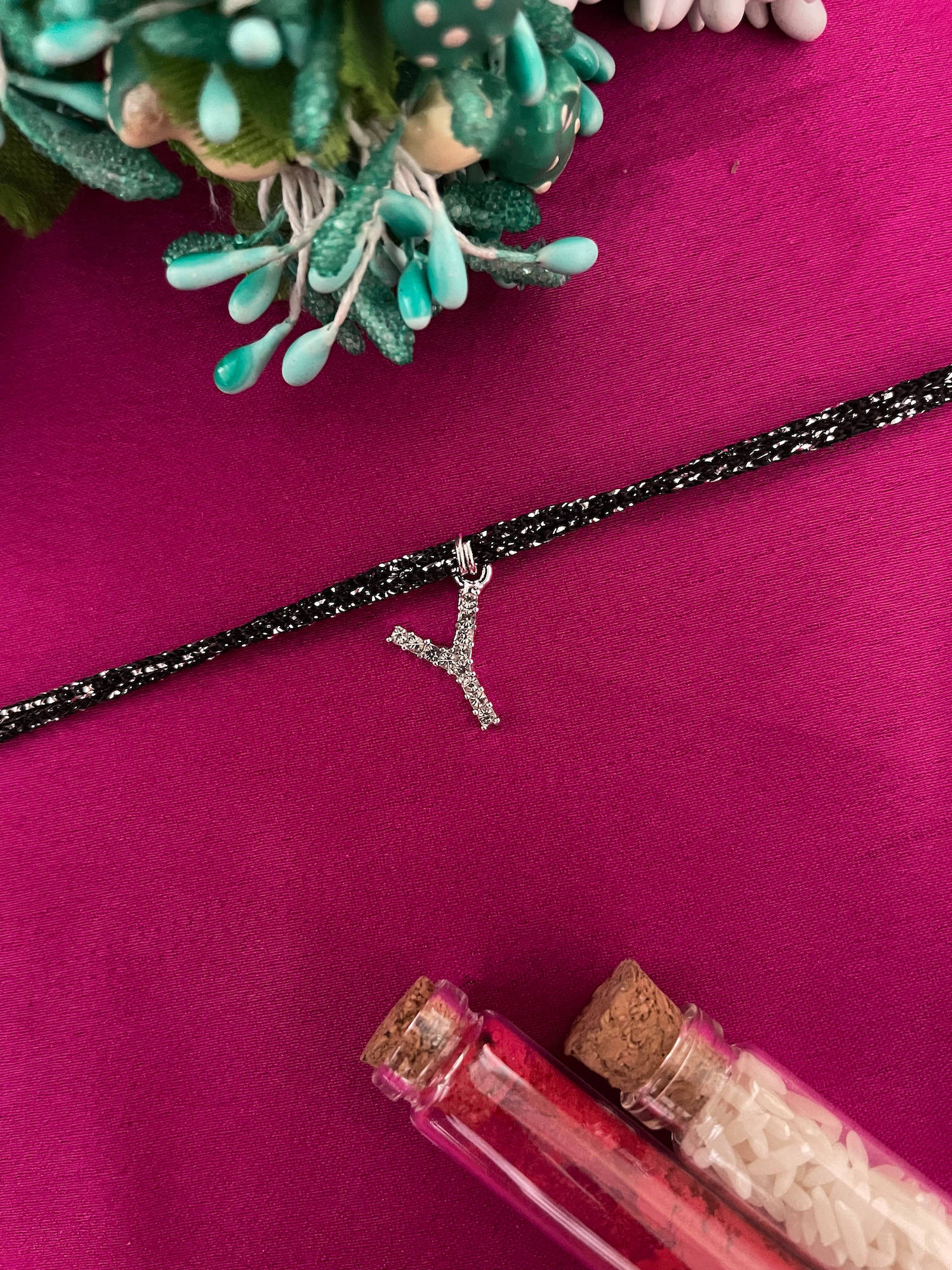 Digital Dress Room Y Letter Silver Plated AD Initial Black Thread Rakhi with Roli Chawal