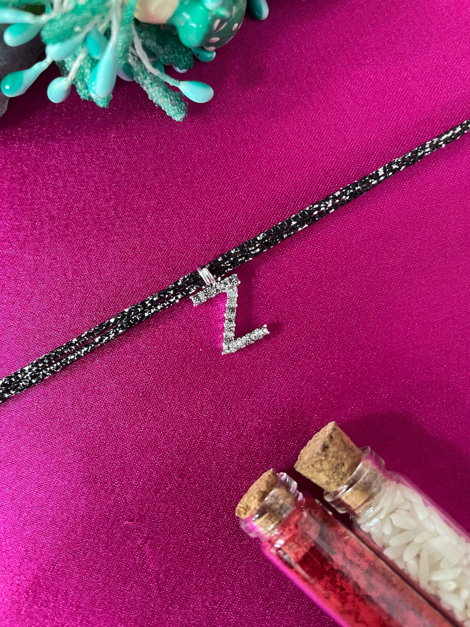 Digital Dress Room Z Letter Silver Plated AD Initial Black Thread Rakhi with Roli Chawal