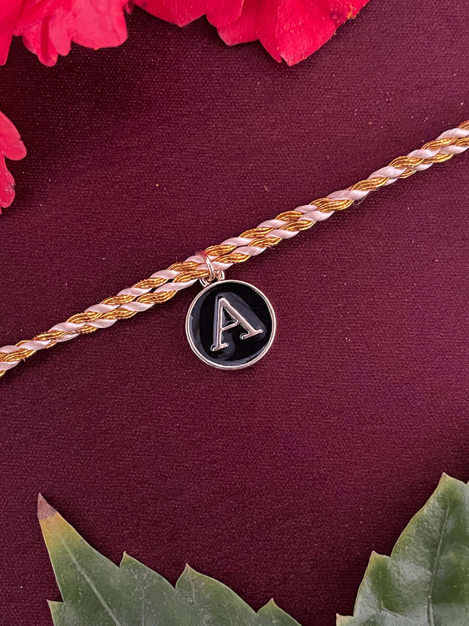 Digital Dress Room A Letter Black Initial Coin Pendant Thread Rakhi
