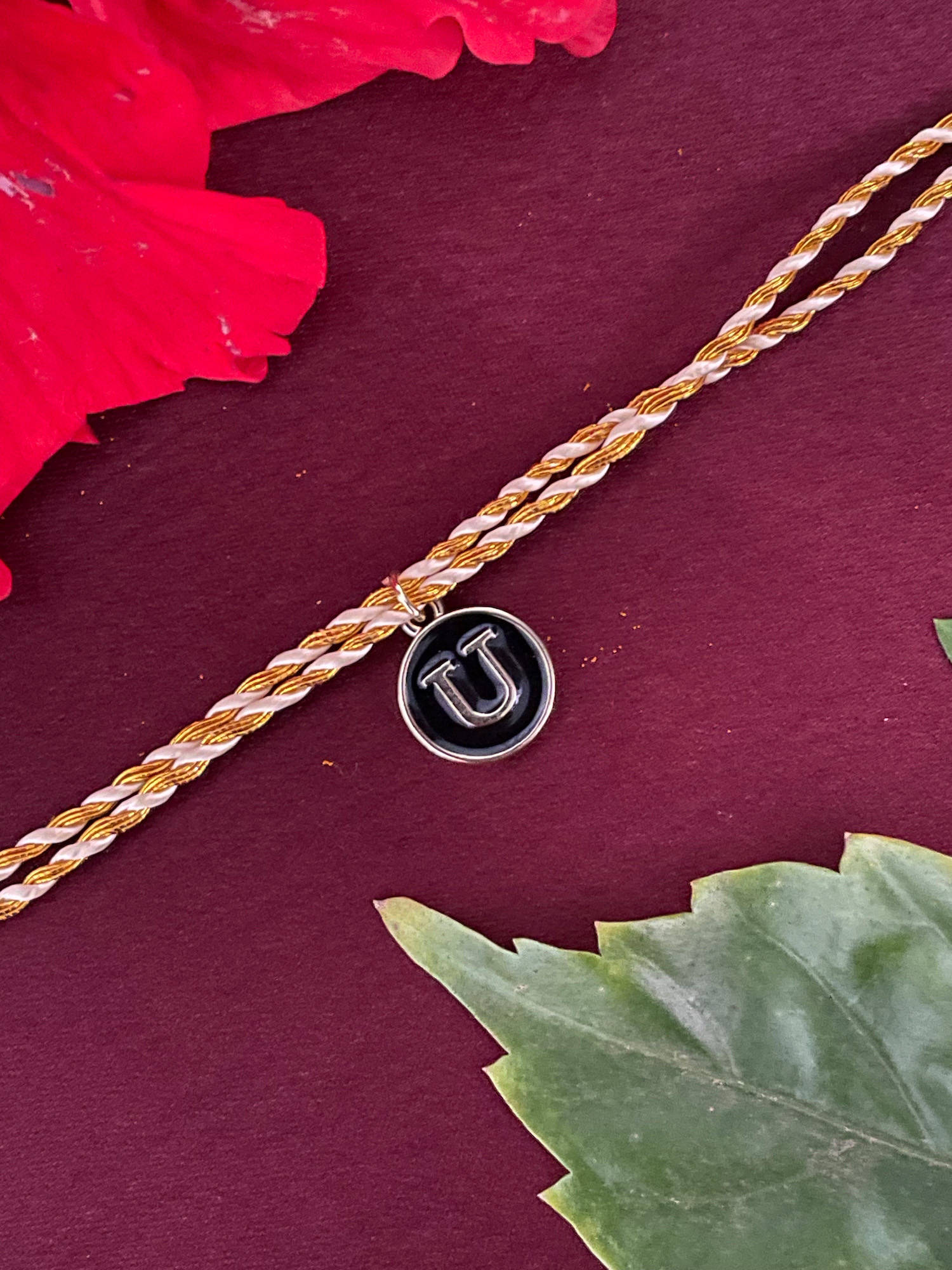 Digital Dress Room U Letter Black Initial Coin Pendant Thread Rakhi