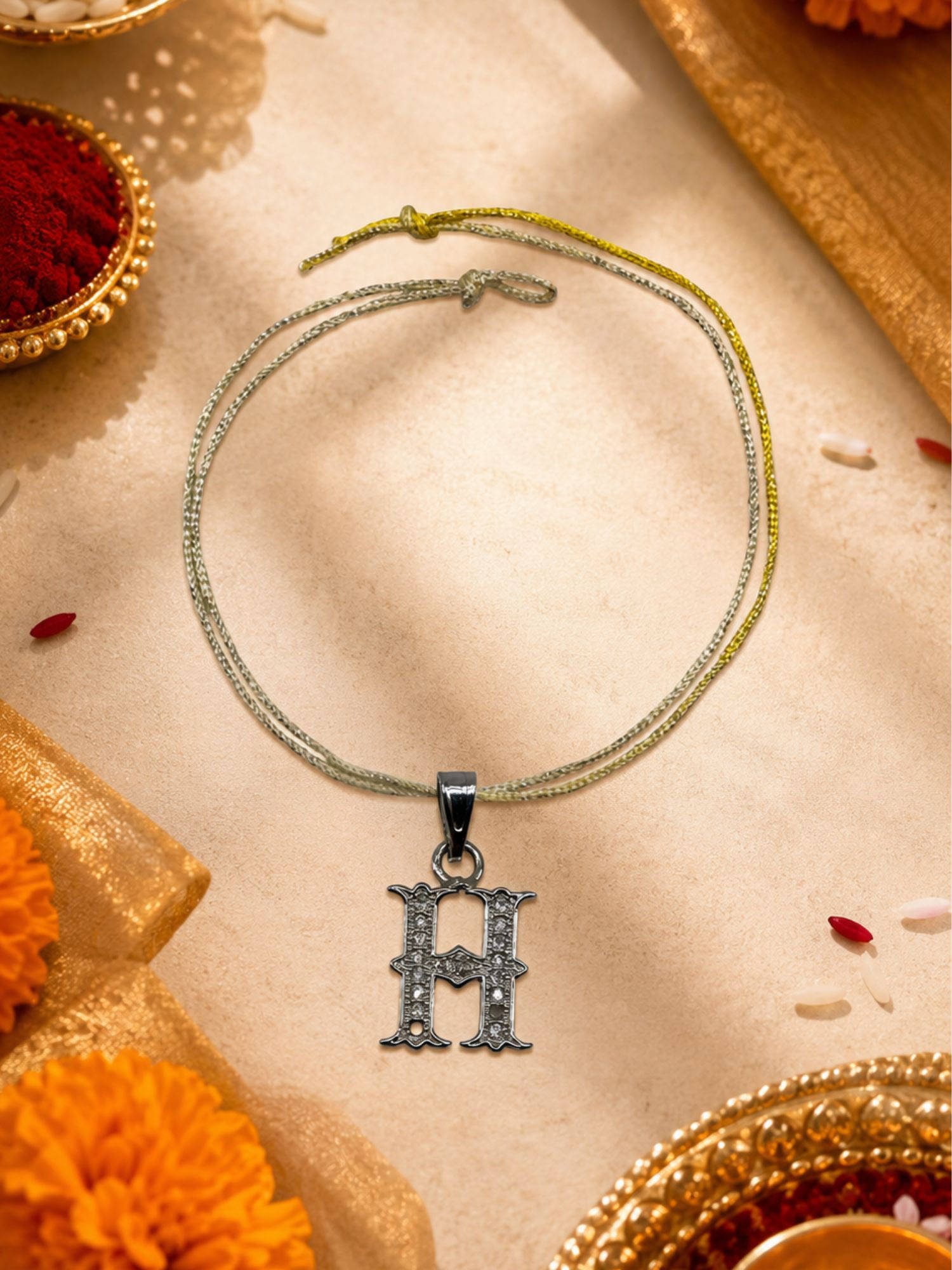 Digital Dress Room H Roman Letter Silver Plated AD Initial Thread Rakhi