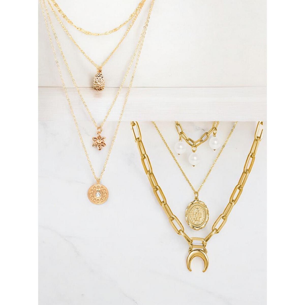 Buy OOMPH Gold Tone Multi Layer Coin Charm Link Chain Necklace Set