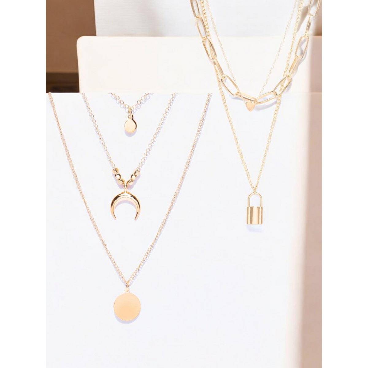 OOMPH Gold Tone Chain Lock and Horse Shoe Good Luck Layer Necklace Set of 2