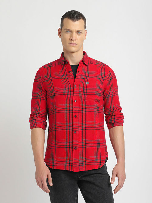 Buy THE BEAR HOUSE Men Red Checks Slim Fit Flannel Cotton Casual