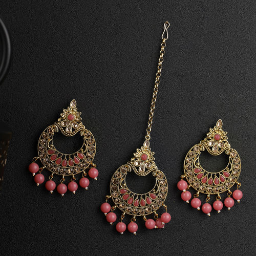 Buy Priyaasi Kundan and Pink Stone Studded Maang Tikka and Earring