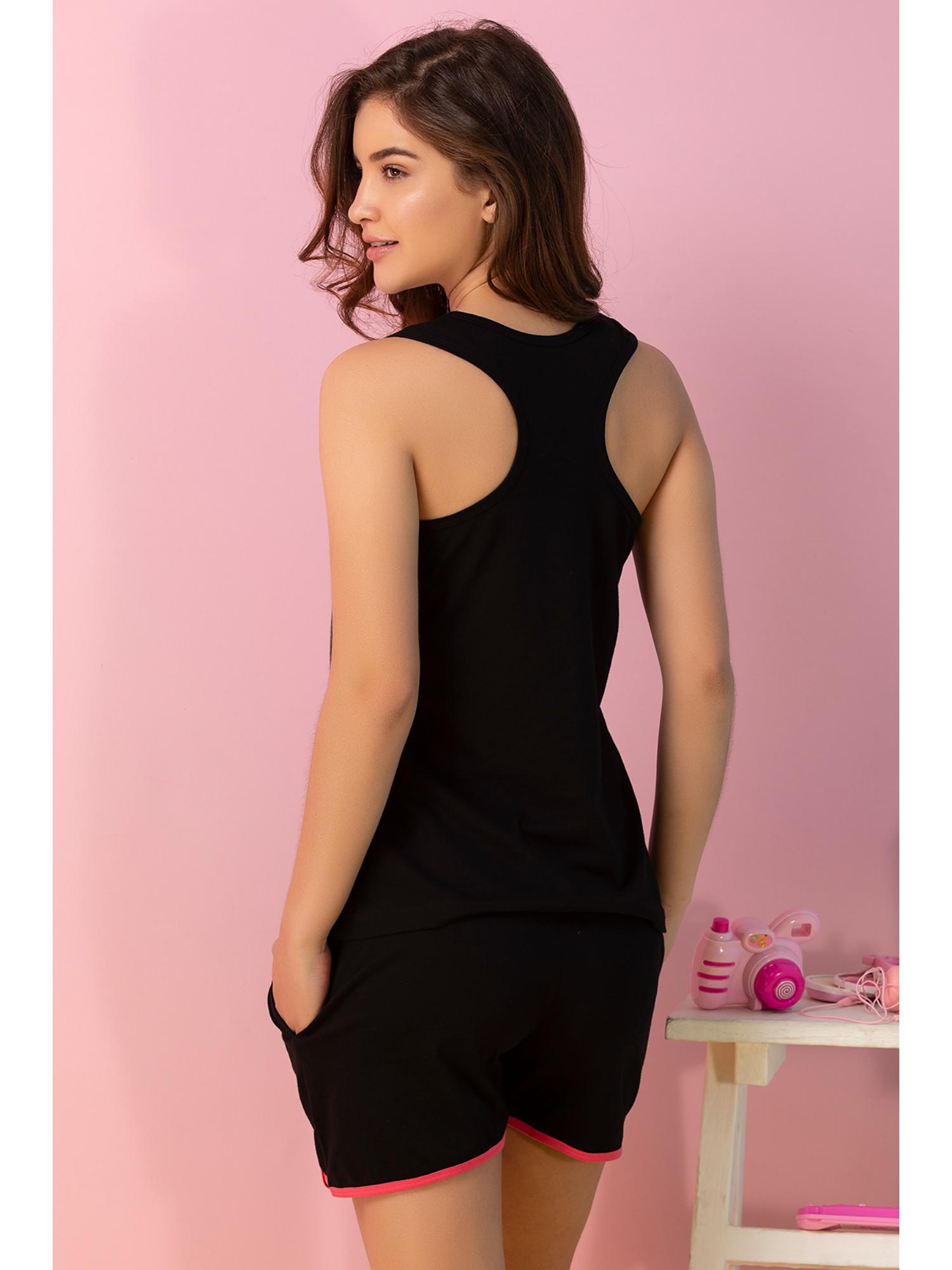 Buy Clovia Print Me Pretty Tank Top & Shorts In Black Cotton Rich
