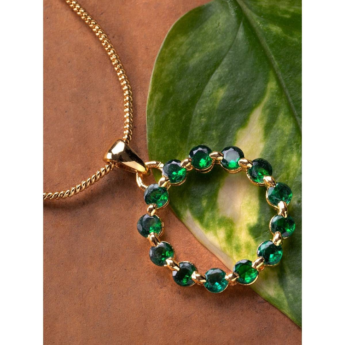 Estele Gold Plated CZ Trendy Circular Pendant with Green Crystals for Women
