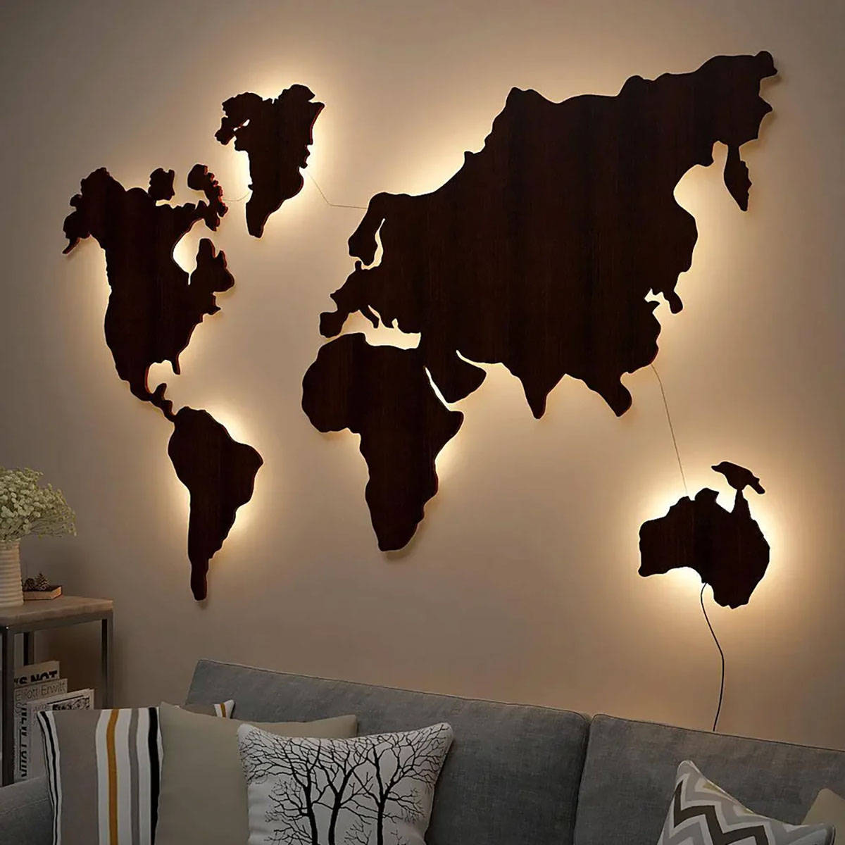 Buy Dekorstation World Map Golden Yellow Backlit Wood Wall Hanging Online