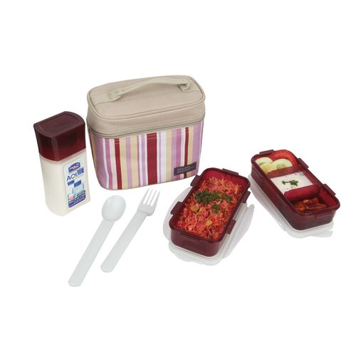 Lock&Lock Rectangular BPA Free 3-Piece Lunch Box Set with Insulated Pink  Stripe Bag and Water Bottle