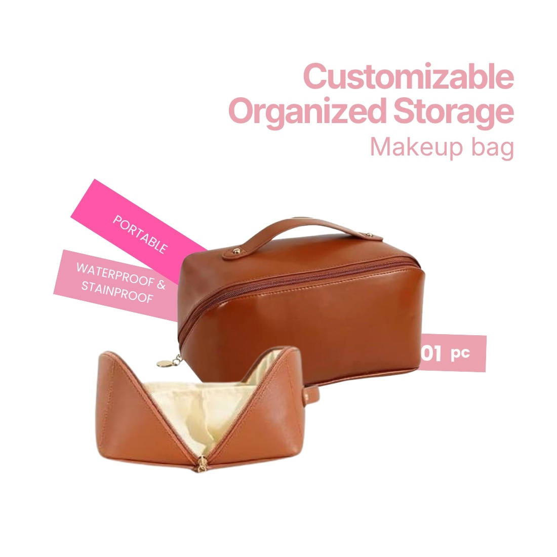 Rhe Cosmetics Makeup Bag Cosmetic Storage Vanity Pouch - Brown