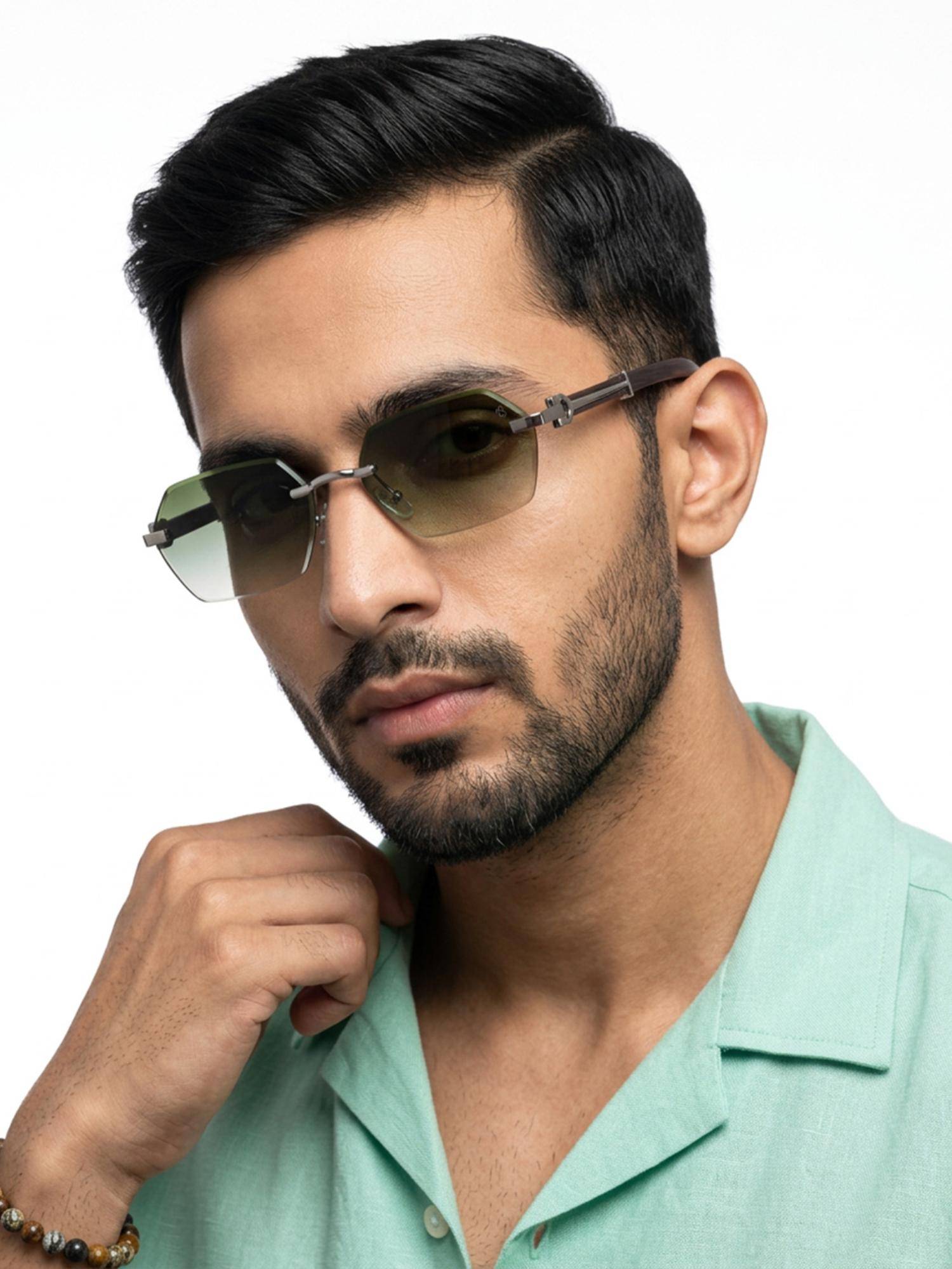 Eyejack Unisex Metal Green Lens Rectangle Rimless Sunglasses -C669CL2562 (55)