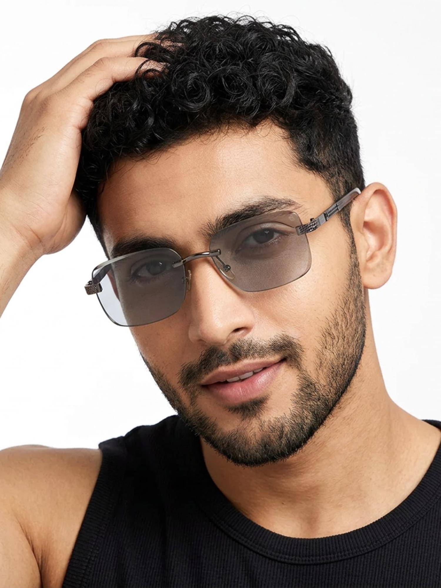 Buy Eyejack Unisex Metal Grey Lens Rectangle Rimless Sunglasses
