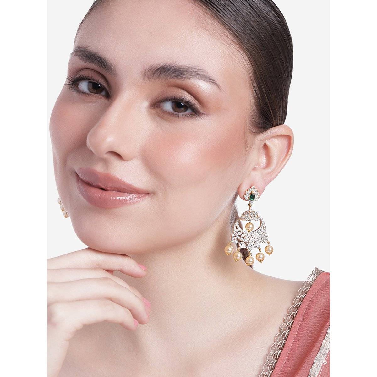 Estele Gold Plated CZ Enchanting Leaf Designer Earrings with Pearls for Women