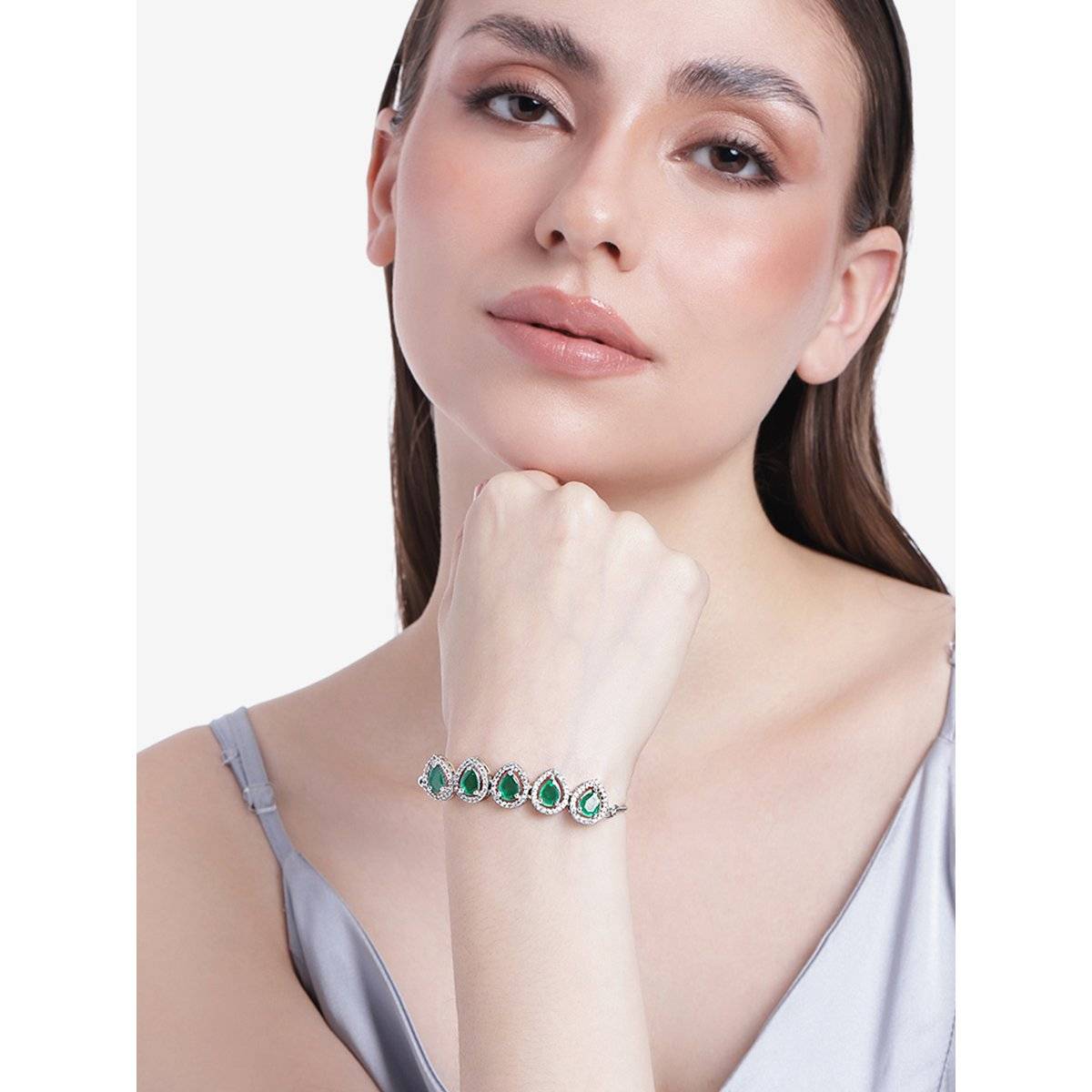 Estele Rhodium Plated Cz Precious Pears Bracelet With Emerald For Women