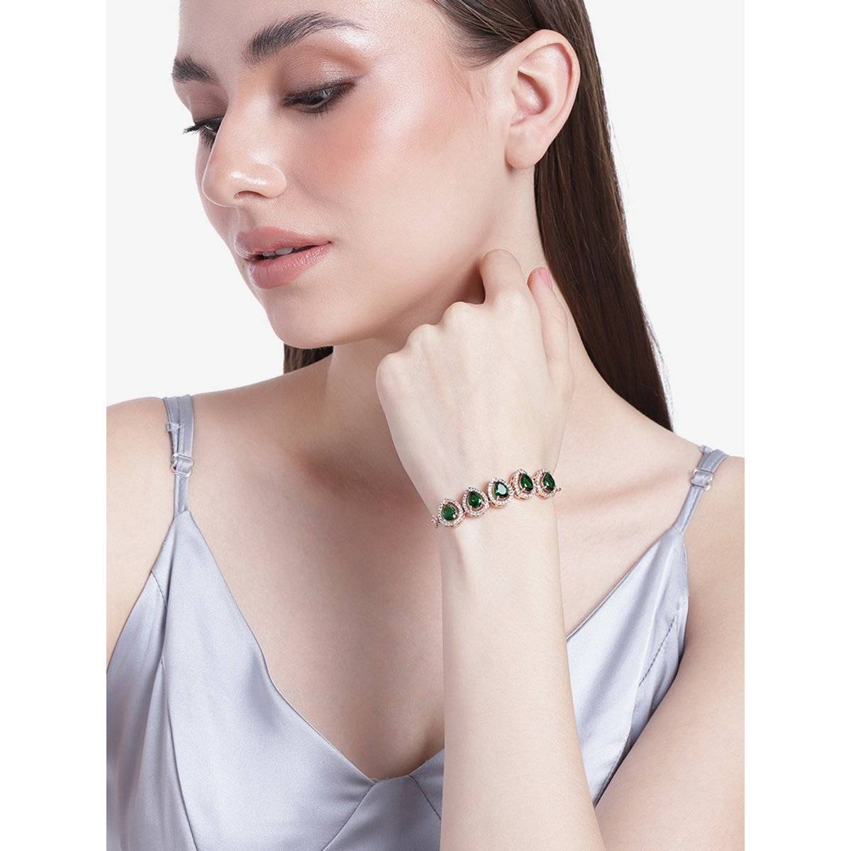 Estele Rose Gold Plated Cz Precious Pears Bracelet With Emerald For Women