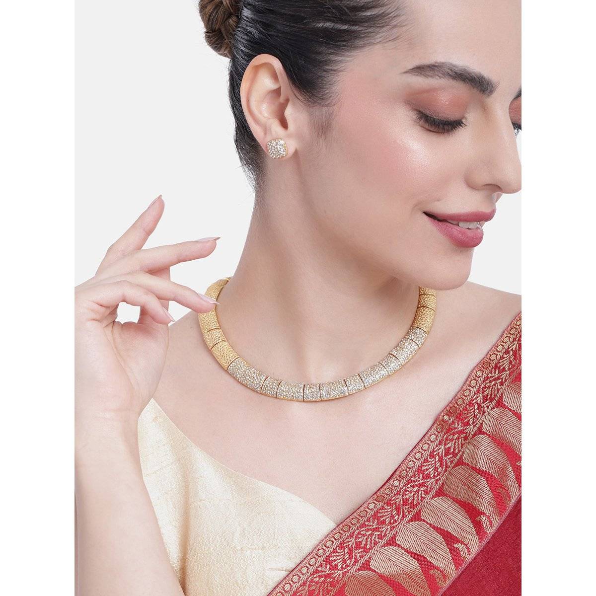 Estele Gold Plated Scintillating Necklace Set With White Austrian Crystals For Women