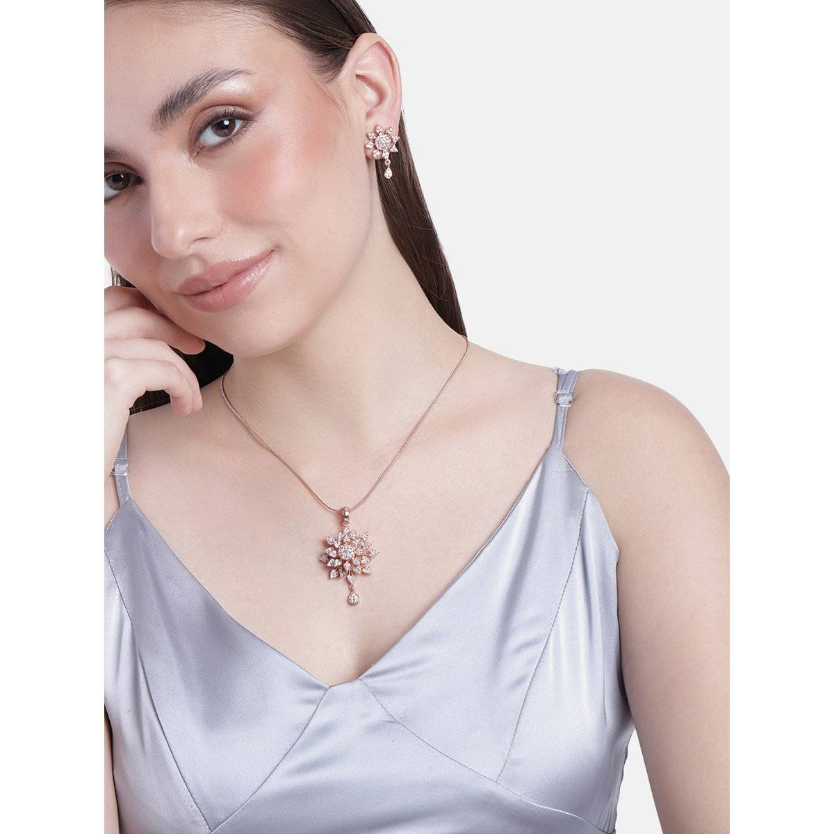 Estele Rose Gold Plated Cz Floral Designer Pendant Set With White Stones For Girls & Women