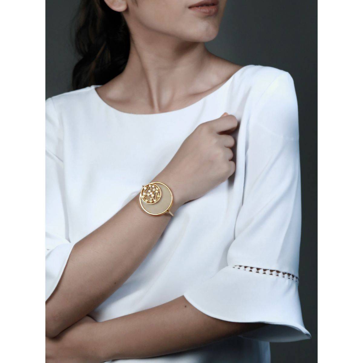 Suhani Pittie Gold Plated Wire Cuff With Round Yellow Acrylic And Dots Coin On It