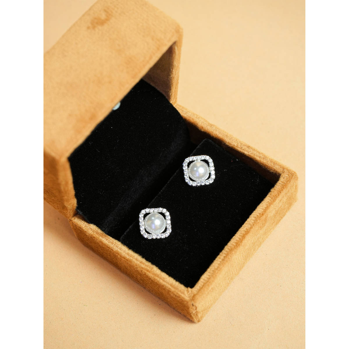 VIRAASI Rhodium Plated and Cubic Zirconia Studded White Pearls Studs
