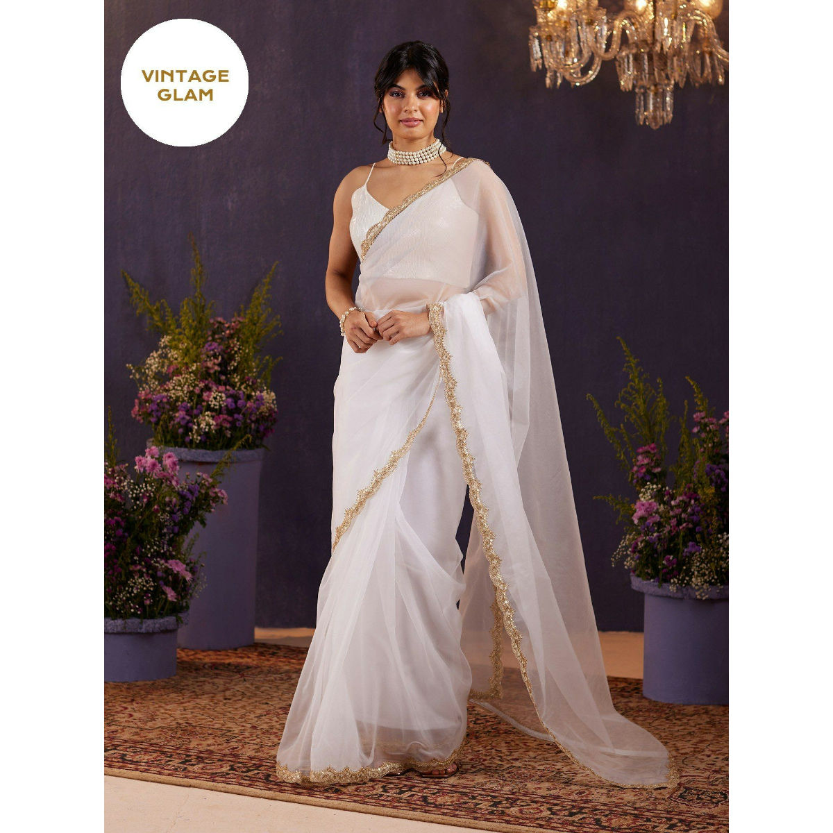 Fascinating White Sequins Work Georgette Saree With Blouse