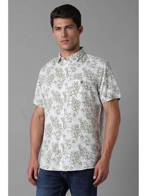 Buy Louis Philippe Men Green and White Slim Fit Floral Print