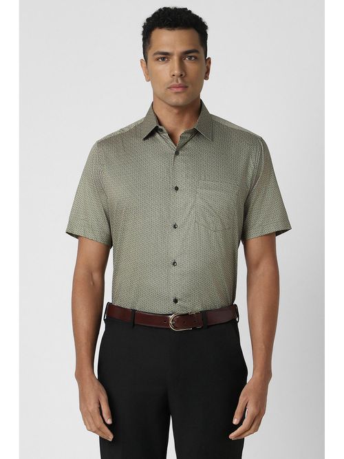 Van Heusen Men Olive Regular Fit Print Half Sleeves Formal Shirt