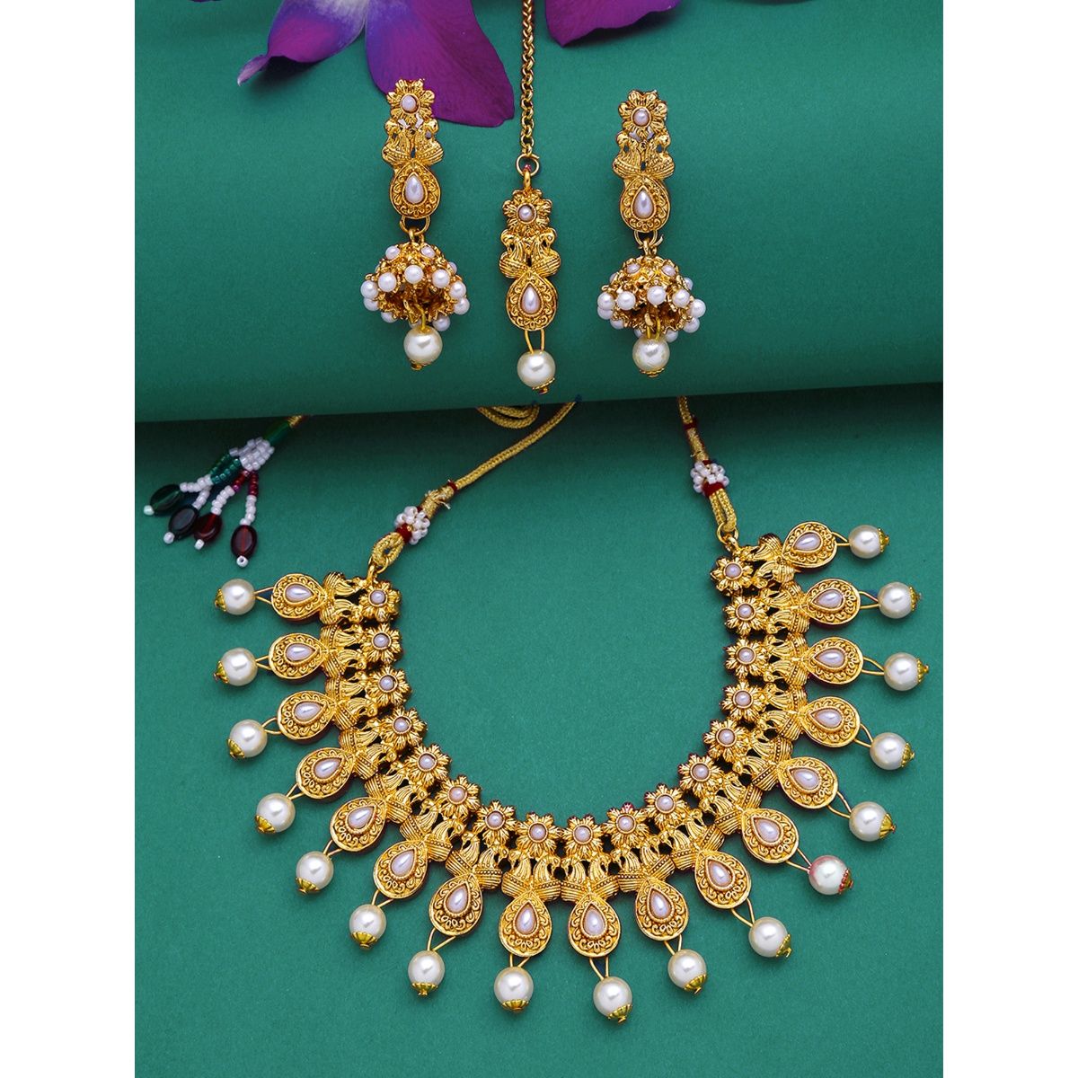 Yellow Chimes Women GoldToned and Plated Kundan Antique Jewellery Set