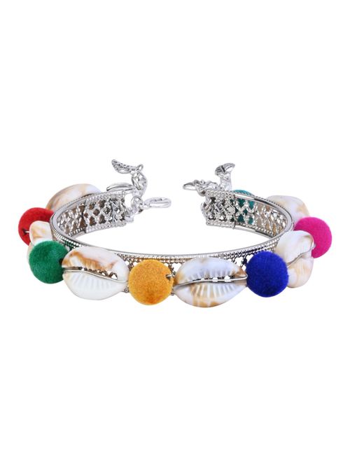 I Jewels Navratri Silver Oxidised Colorful Pom-Pom and Cowrie Shell  Adjustable Cuff Kada (Adb525Ox)