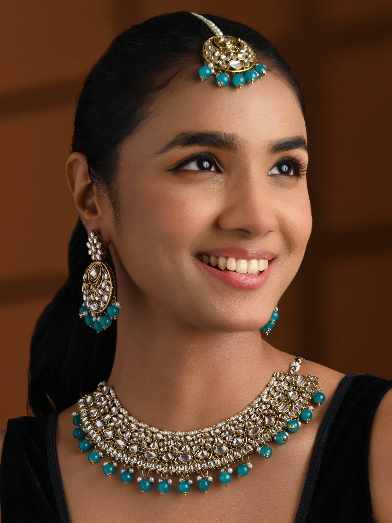 I Jewels Gold Plated Blue Traditional Kundan Pearl Bridal Jewellery Set