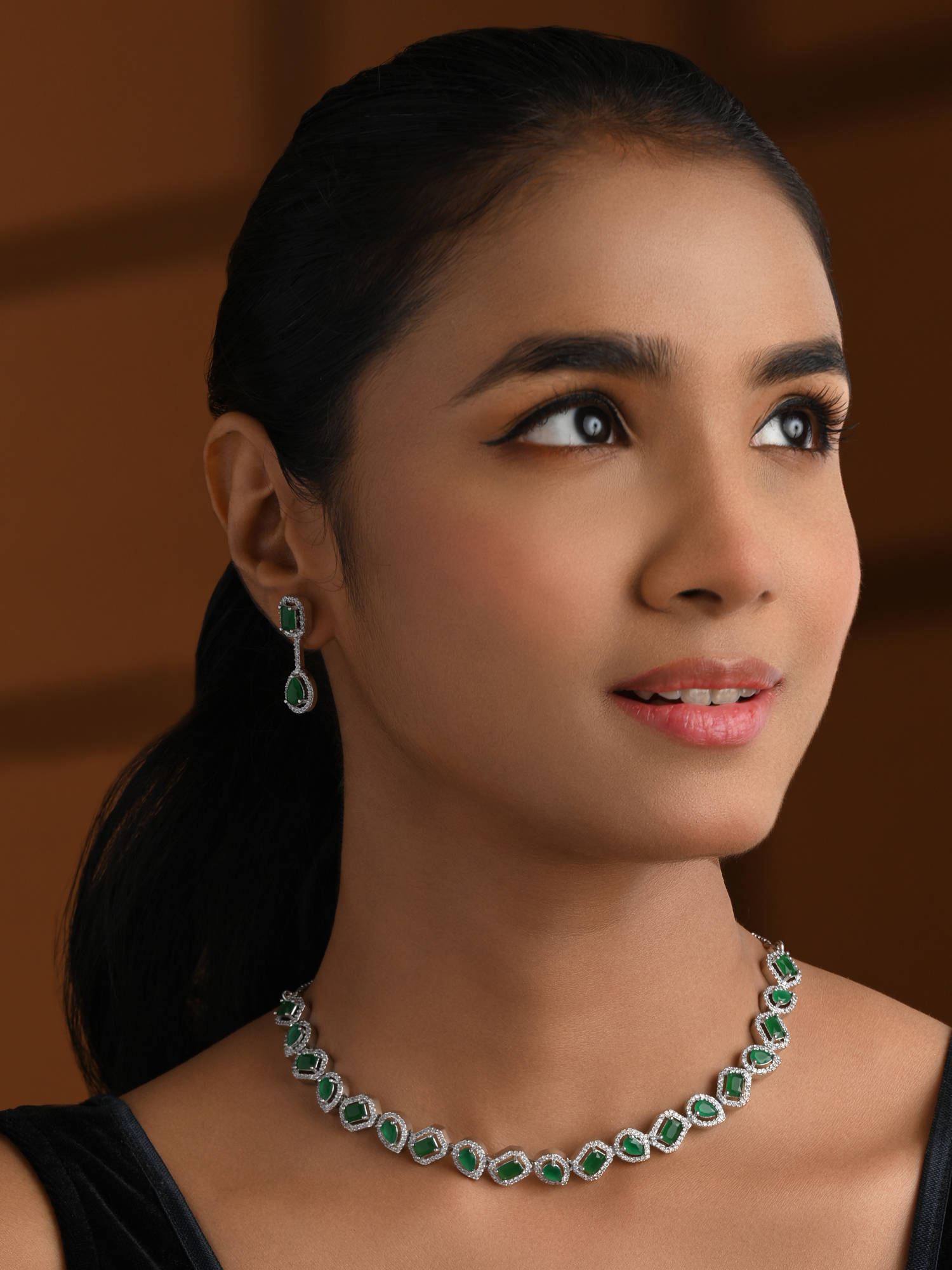 I Jewels Green Sliver-Plated Cubic Zirconia and American Diamond Jewellery Set for Women