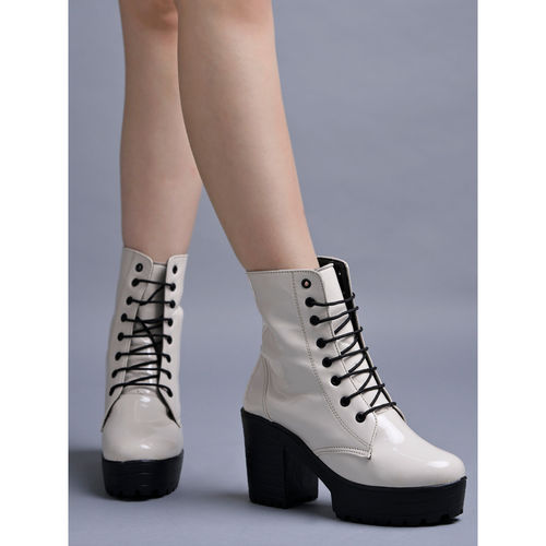 Shoetopia Women Lace Up Block Heeled Western Ivory Casual Boots (EURO 40)