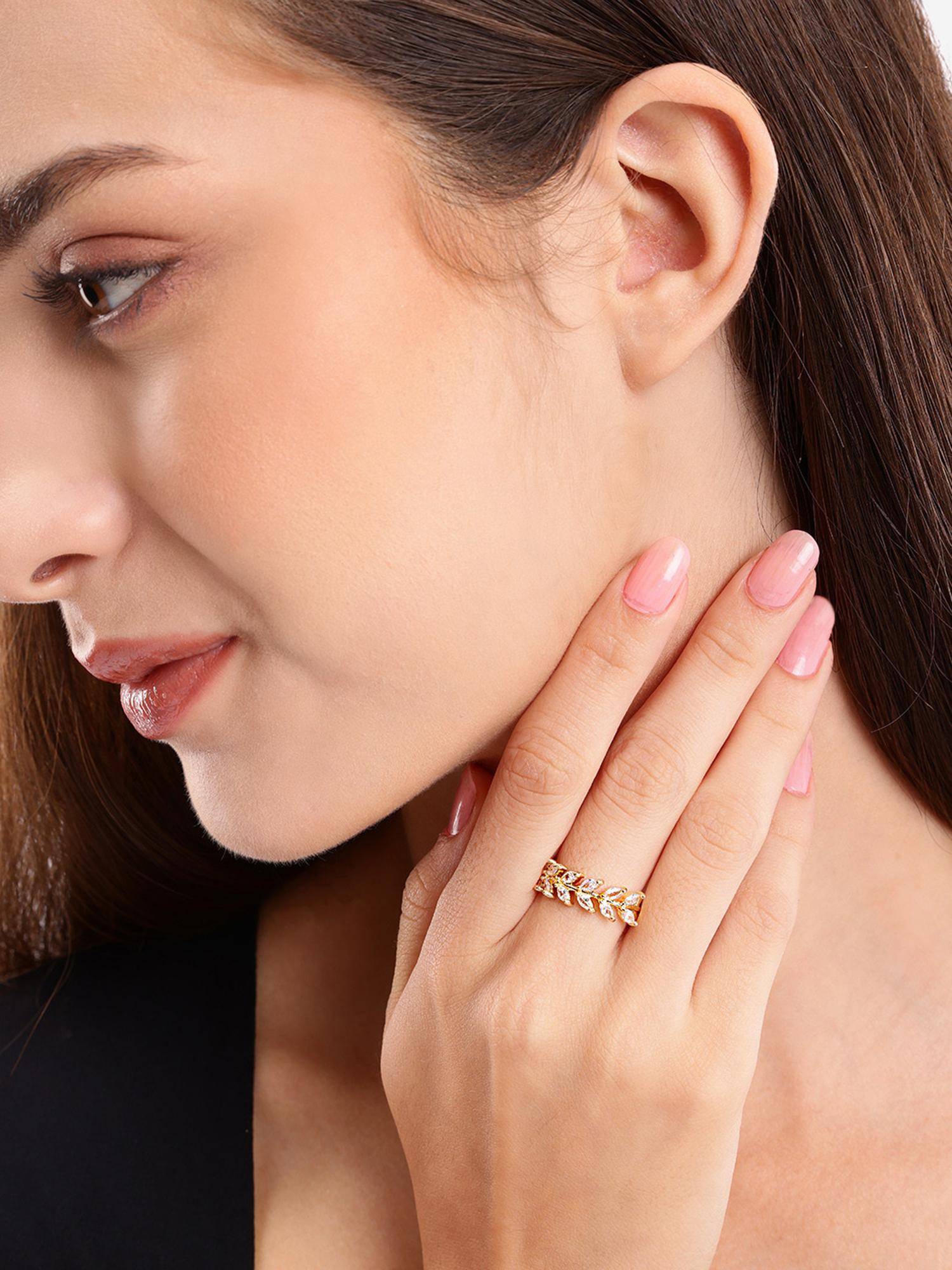 Carlton London Gold Plated Modern Nature Inspired Marquise Cz Adjustable Ring