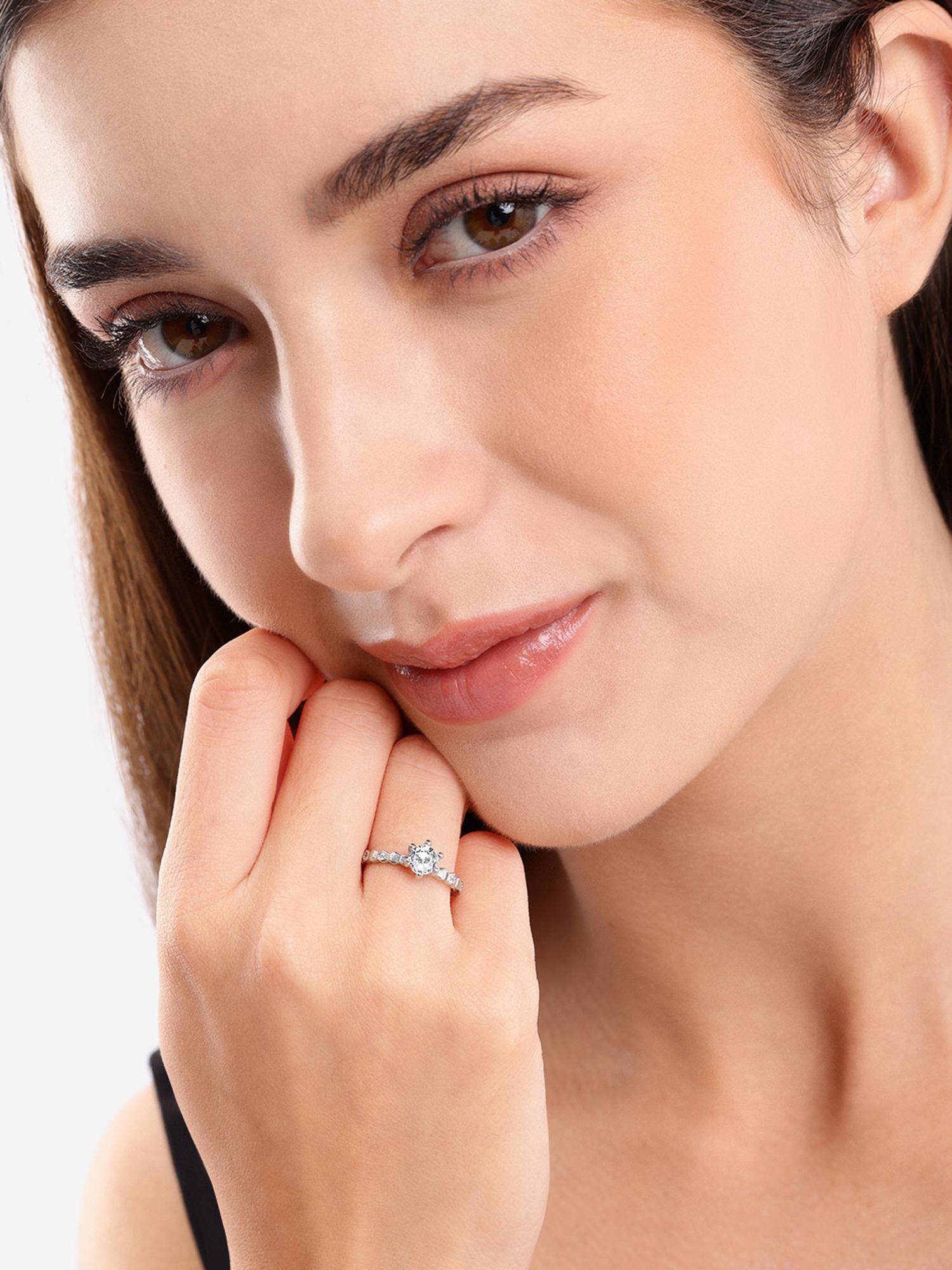 Carlton London Silver Plated Stylish Round Solitaire and Cz Studded Adjustable Ring