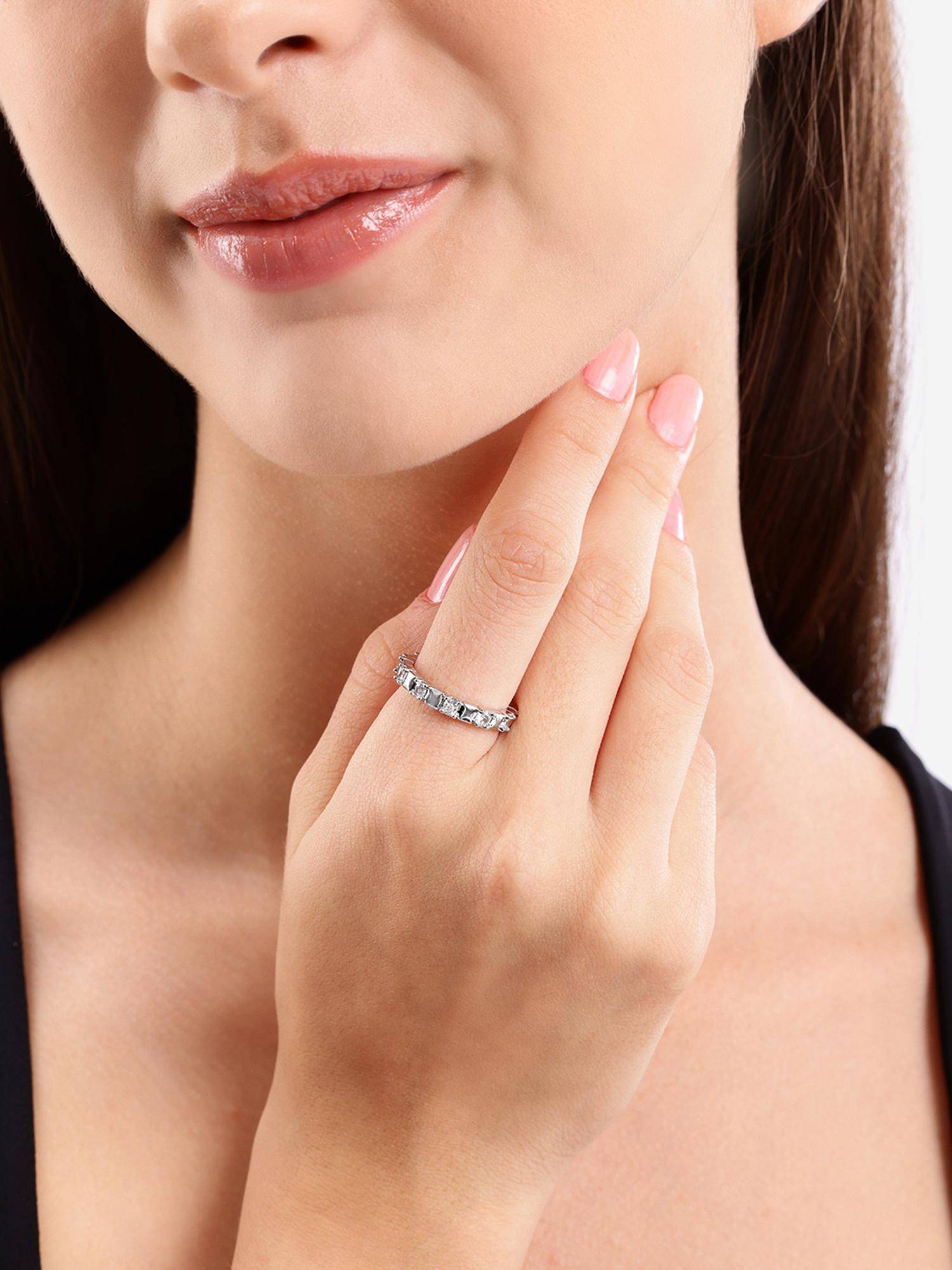 Carlton London Silver Plated Sleek Cubic Zirconia Accent Band Adjustable Ring