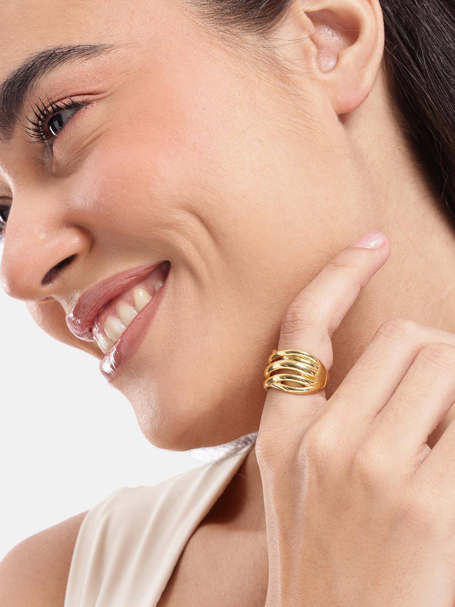 Carlton London Gold Plated Sculptured Multi Band Wave Adjustable Ring