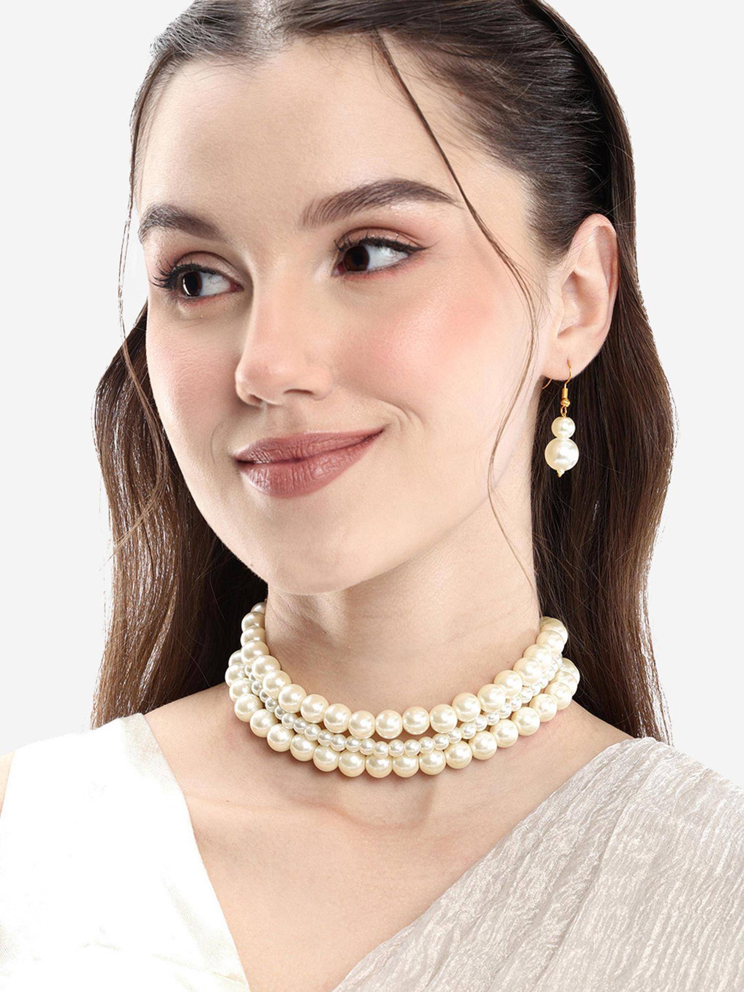Carlton London Gold-Plated Elegant Triple Layer Pearl Necklace with Earrings