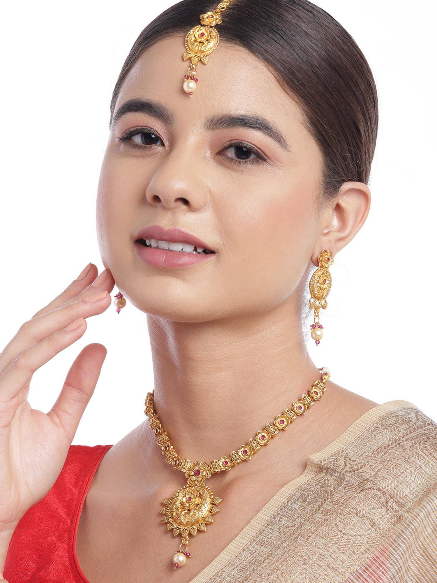 Carlton London Gold Plated Ruby Red Floral Necklace & Earring With Maang Tika