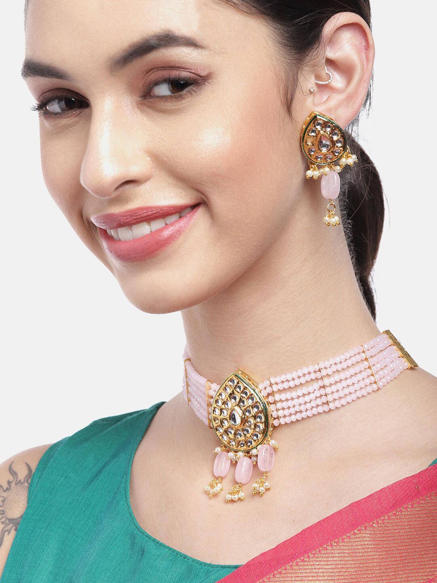 Carlton London Gold-Plated Royal Pink Bead Kundan Necklace with Earrings