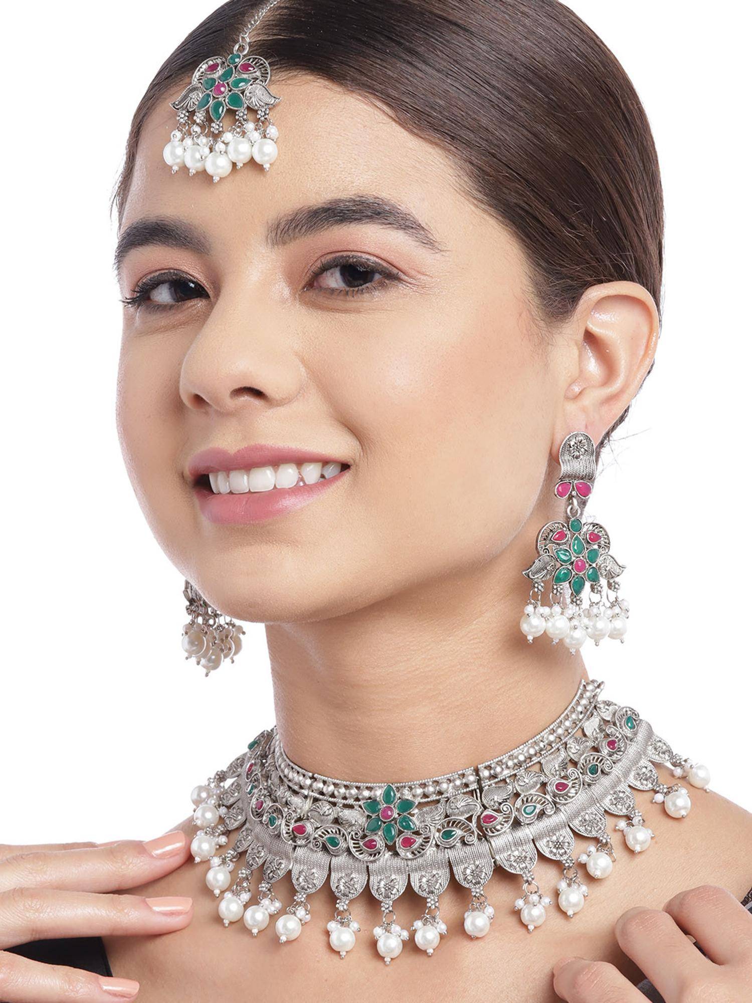 Carlton London Silver Plated Oxidised Pearl And Red Green Stone Studded Necklace With Earrings