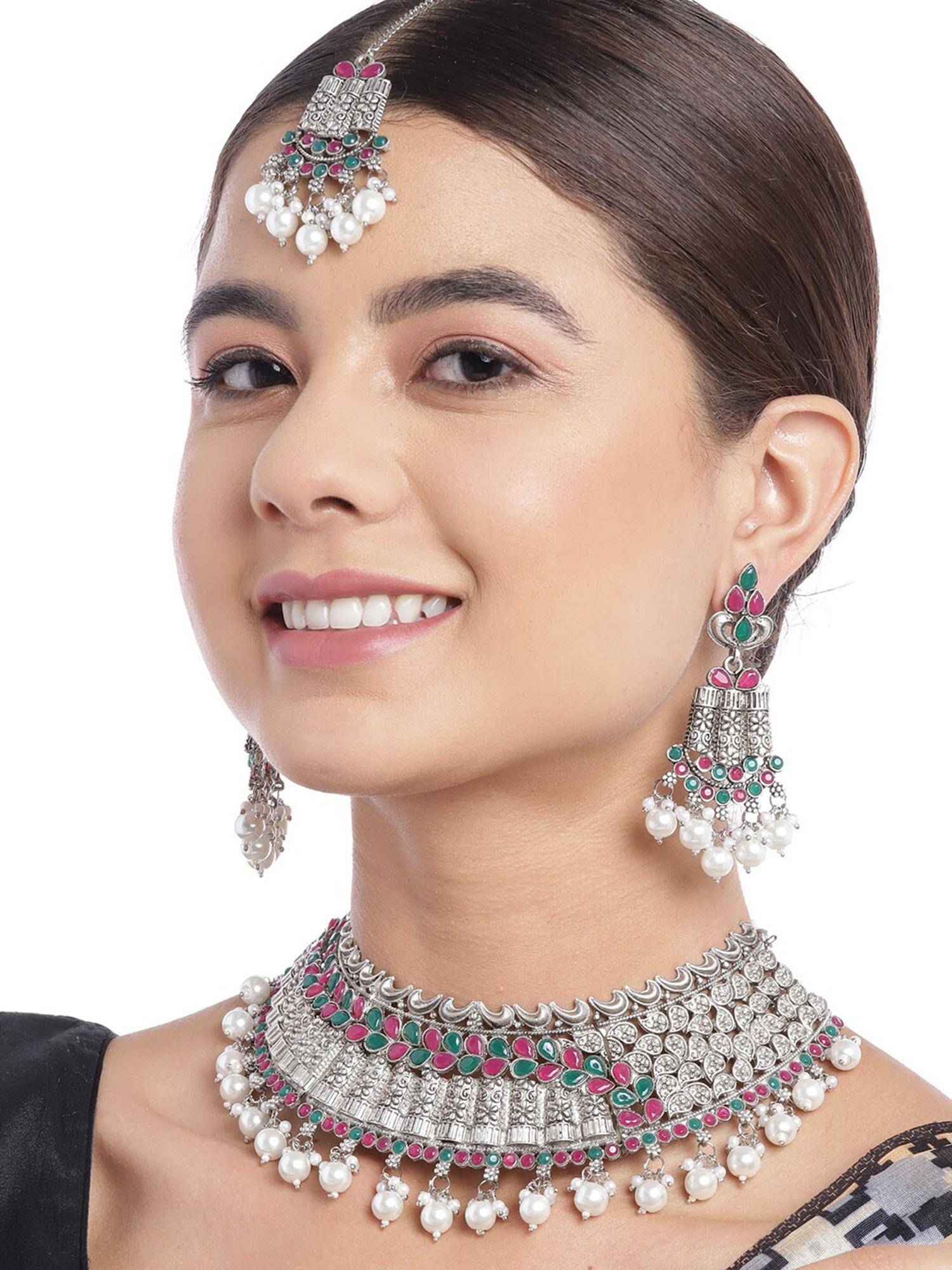 Carlton London Silver Plated Oxidised Red Green Stone Necklace With Earrings & Maang Tika