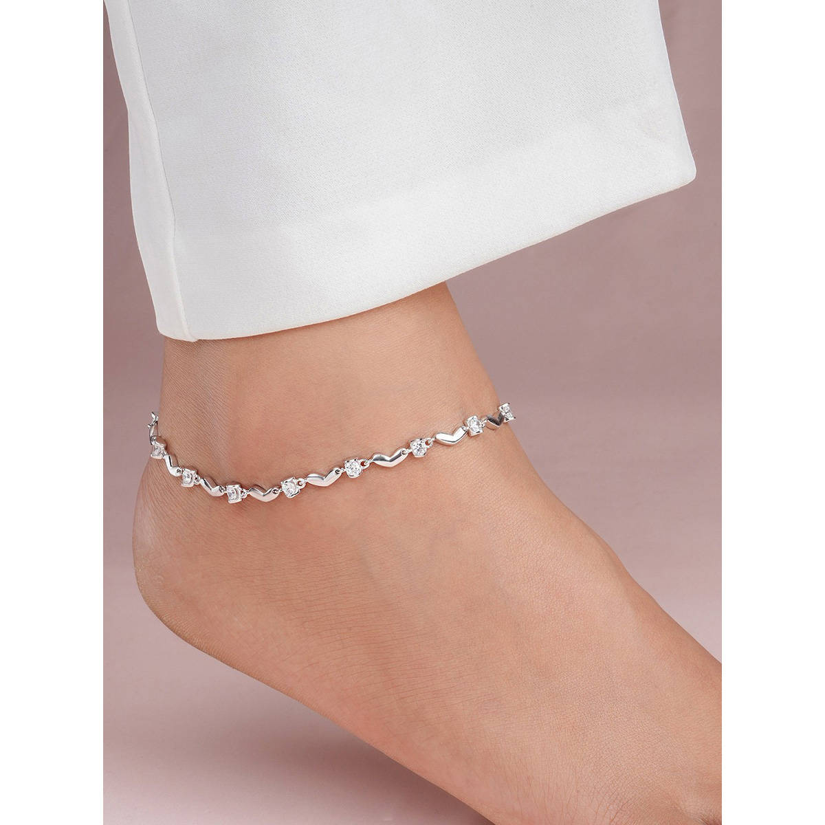 Zavya Heart Cz Rhodium Plated 925 Sterling Silver Anklet